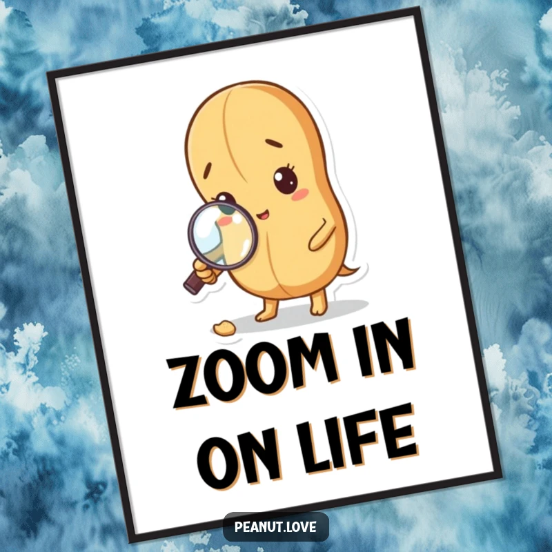 Funny Curious Peanut Poster: A peanut with a magnifying glass inspects a crumb. Detective-themed art, funny gift.