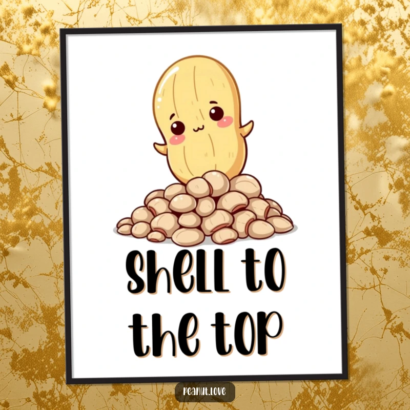 Funny wall art print of a determined Kawaii peanut character ascending a pile of shells, celebrating determination.