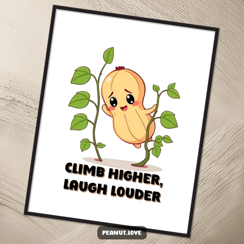 Funny determined peanut character poster, illustrated climbing a tiny vine with intense focus.