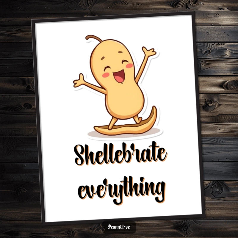 Funny poster of a joyful peanut character leaping excitedly in its shell, bringing nutty energy and cheerful vibes to any wall.