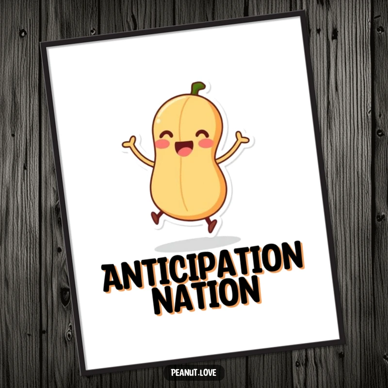 Funny poster capturing an excited peanut character mid-wiggle, ready to leap with pure joy.