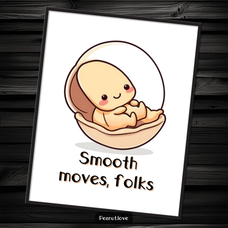 Funny poster art of a kawaii peanut character playfully sliding down a smooth shell, evoking motion and fun; a gift.