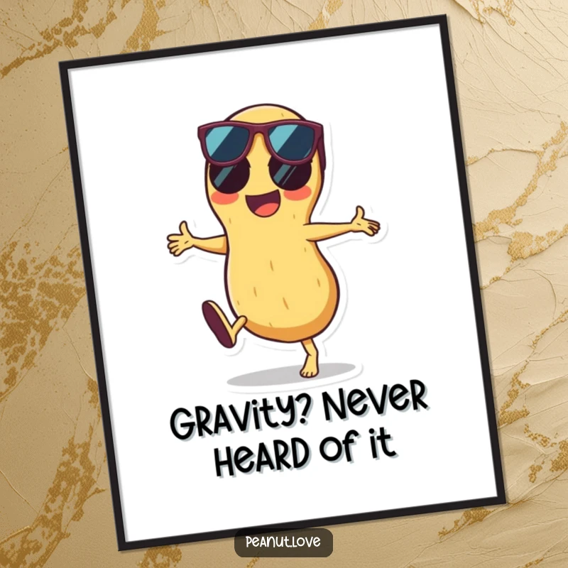 Funny poster art of a smiling peanut executing a cartwheel with sunglasses on, bringing energetic and humorous vibes to any wall space.
