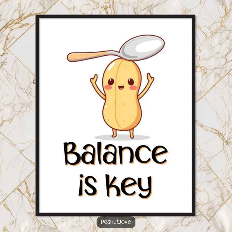 Funny poster displaying a little peanut character balancing an oversized spoon on its head, emphasizing focus.