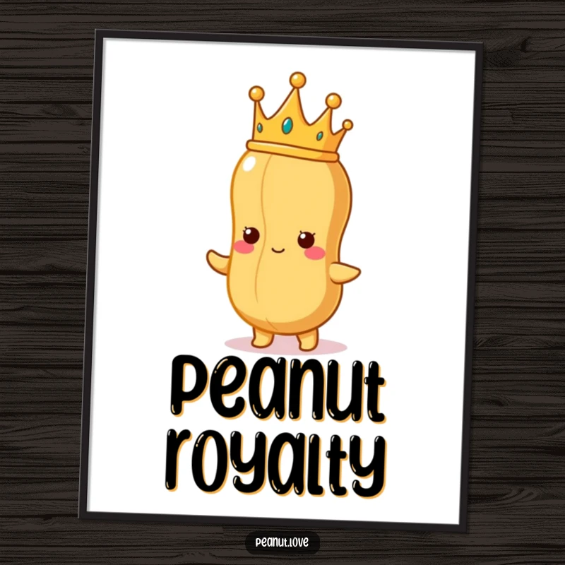 Funny Peanut King Poster: A proud peanut character with a tiny crown, gazing at a perfect peanut, bringing regal and funny vibes to wall decor.
