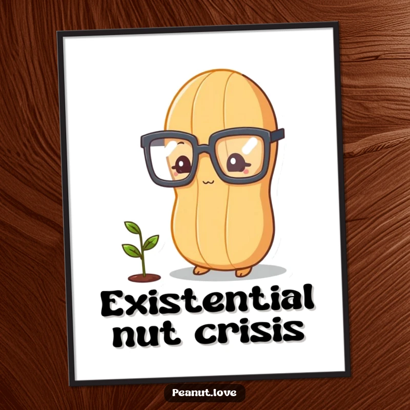 Funny peanut character with glasses, gazing at a tiny plant sprout, inspirational humorous wall art poster.