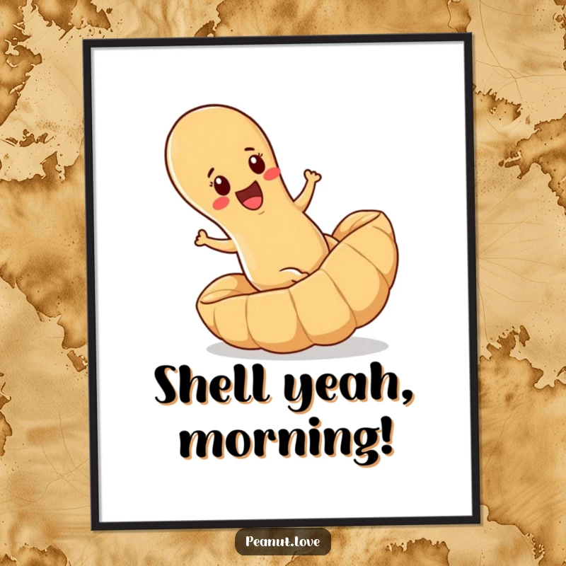 Funny poster print of a determined peanut joyfully rolling downhill inside a giant peanut shell, bringing quirky art to walls.