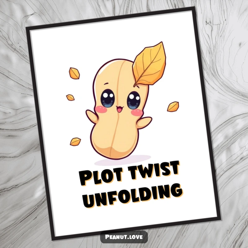 Funny kawaii peanut character poster with wide eyes expressing surprise at a falling leaf, perfect for autumn decor.