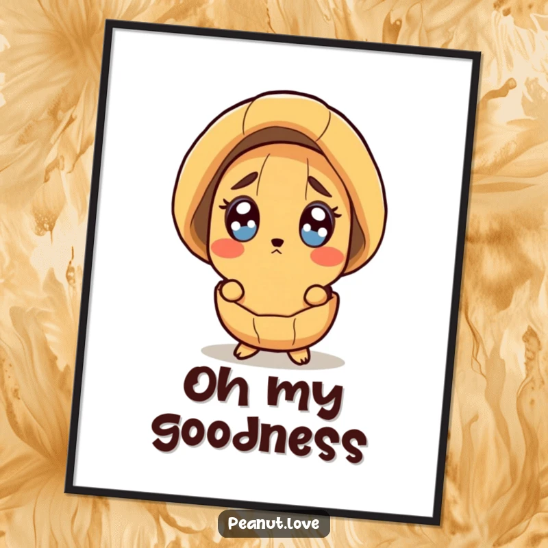 Funny poster showing a peanut character peeking from its shell with wide, surprised eyes, its expression unforgettable.