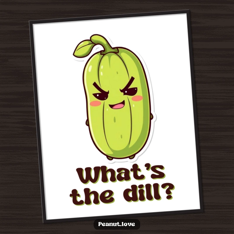 Funny anthropomorphic pickle with a mischievous grin slyly winking on a humorous poster, ideal wall decor.