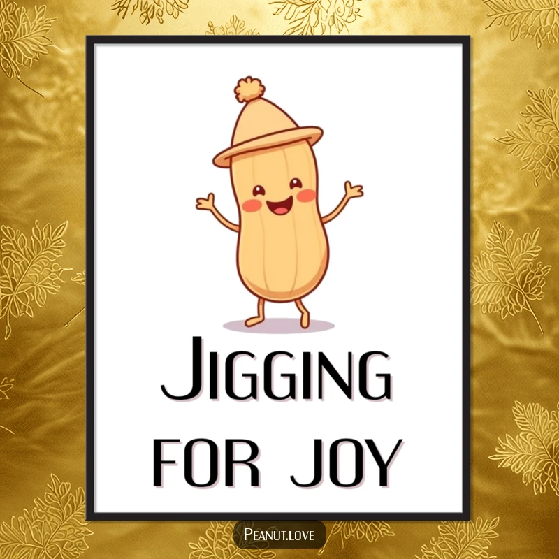 Funny Peanut Jig Poster depicting a smiling peanut character with a tiny hat doing a joyful jig, perfect for whimsical decor.