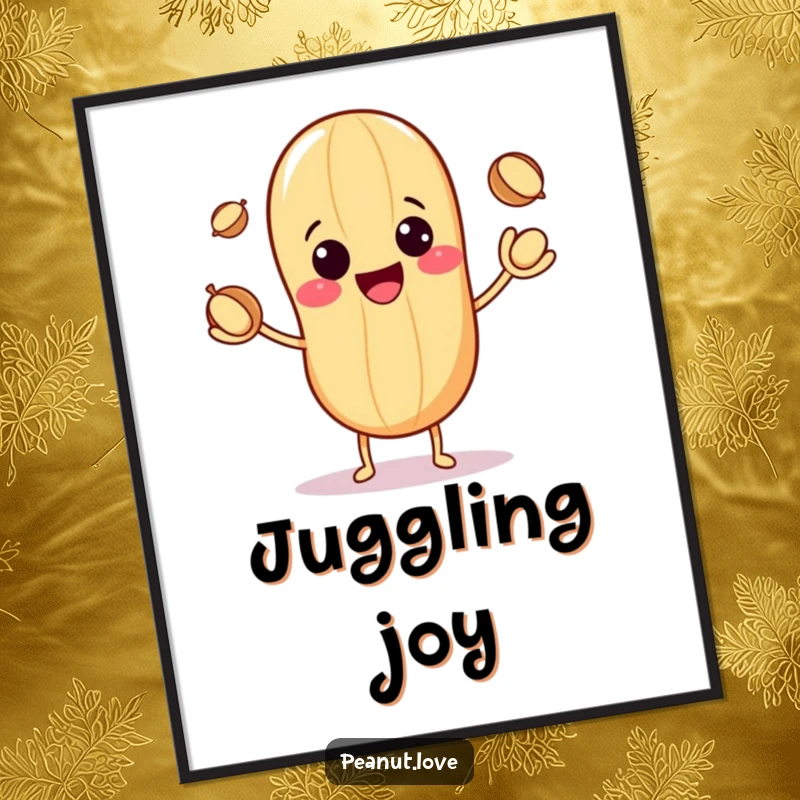 Funny poster print of a cute kawaii peanut character joyfully juggling three tiny nuts, radiating cheerfulness and skill.