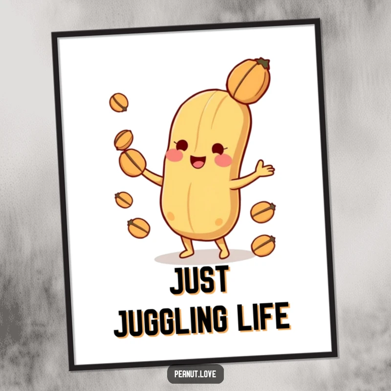 Funny playful peanut character poster, captured mid-juggle with smaller nuts, radiating pure delight.