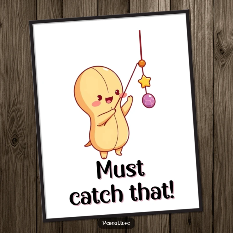 Funny peanut character playfully batting at a dangling string on a poster, capturing a moment of pure, energetic fun.