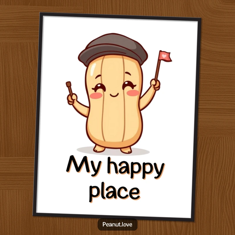 Funny poster of a peanut character with blushing cheeks waving a tiny flag, a delightful piece of humorous wall art.