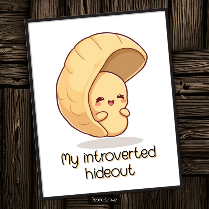 Funny poster of a shy peanut peeking from behind a large peanut shell, with a hint of a giggle visible.