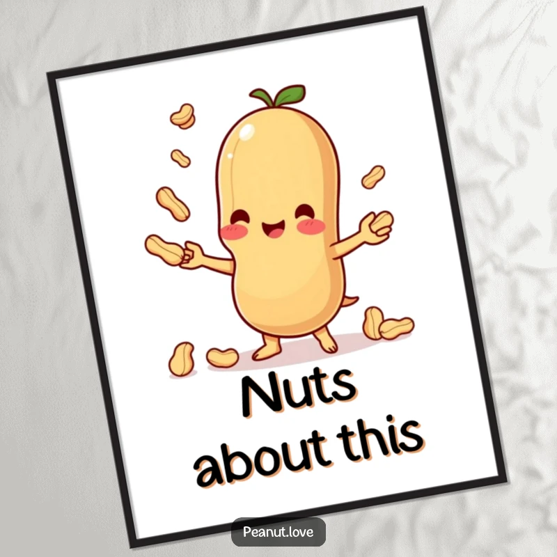 Funny wall art print of a happy Kawaii peanut character skillfully juggling smaller peanuts, bringing amusement to any space.