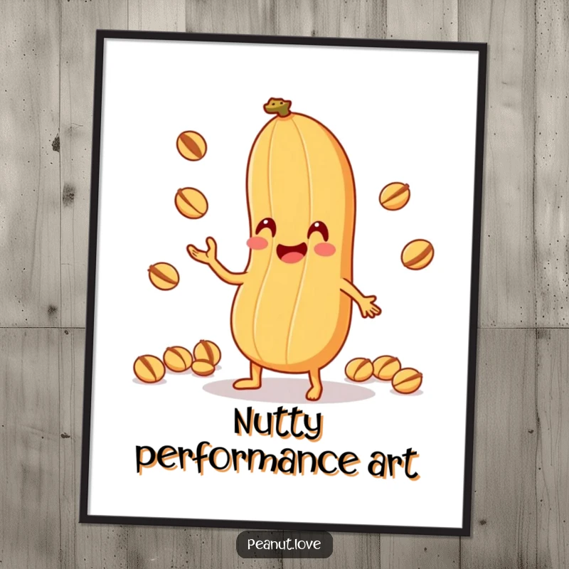 Funny Peanut Juggling Poster: High-quality art of an anthropomorphic peanut character comically juggling tiny nuts with its shell, offering nutty humor, great funny gift.