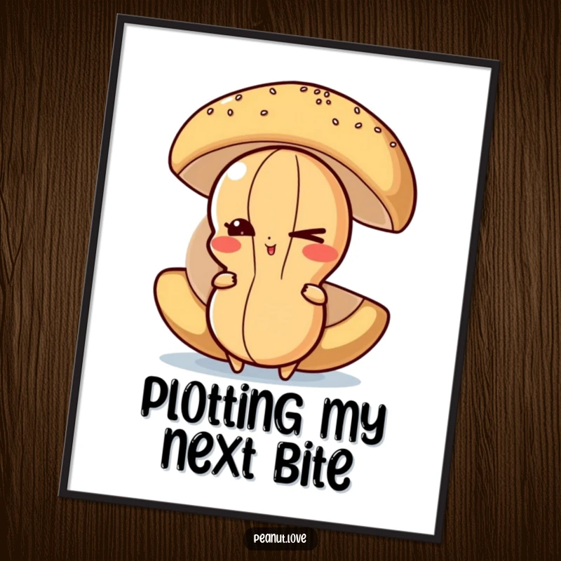 Funny Peanut Poster: Mischievous peanut character peeking out with a wink from behind a giant, tasty food item.