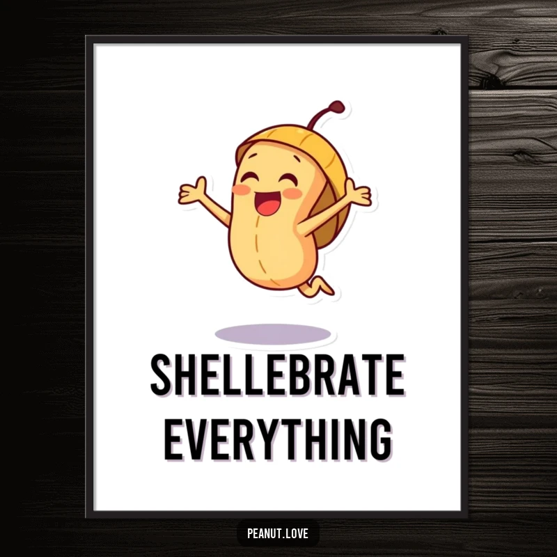 Funny joyful peanut character poster, depicted mid-air, jumping with excitement inside a vibrant, happy shell.
