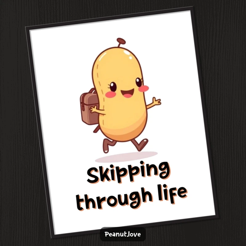 Funny anthropomorphic peanut character poster depicting a happy peanut joyfully skipping with a small backpack, perfect for wall decor.