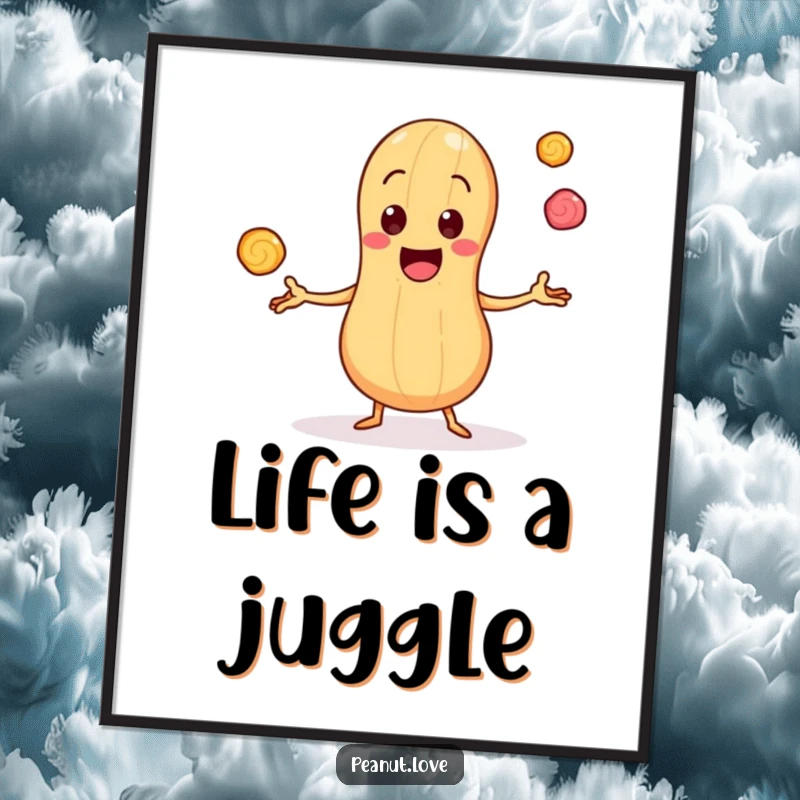Funny Poster: Cheerful Peanut Character Juggling Three Tiny Bouncing Candy Pieces, Evoking Happiness