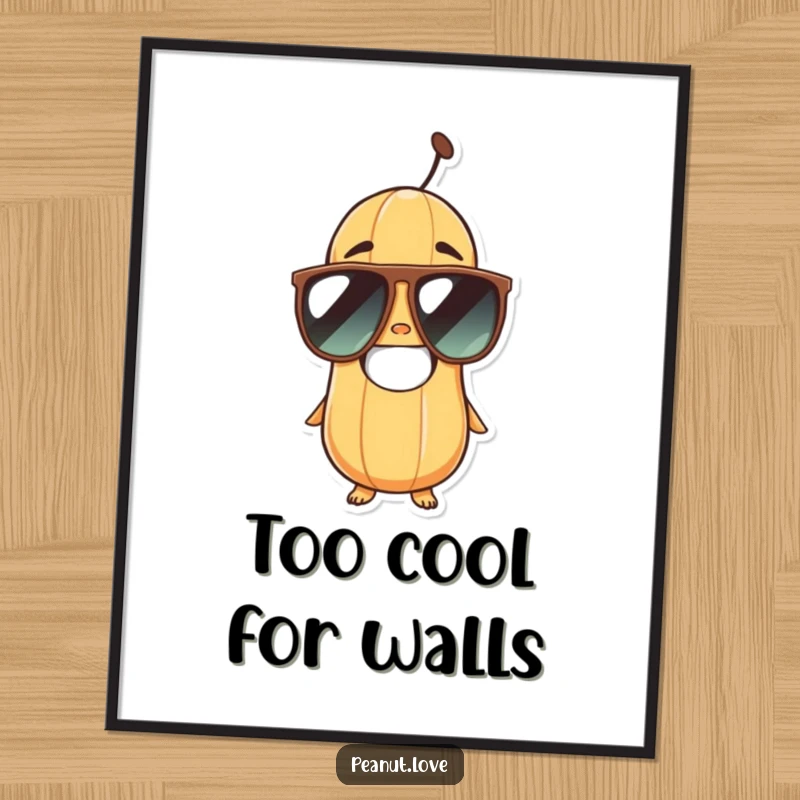 Funny peanut character with a huge grin and stylish oversized sunglasses, presented as vibrant wall art for any room.