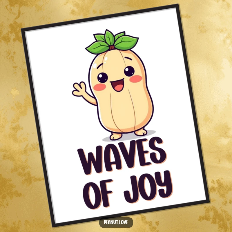 Funny wall art print of a cheerful Kawaii peanut character waving hello with a wide smile, spreading joy.