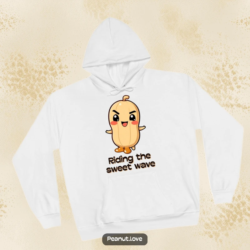 Funny Hoodie: Peanut Character with Mischievous Grin Sliding Down a Caramel Swirl, Offering Cozy Adventure