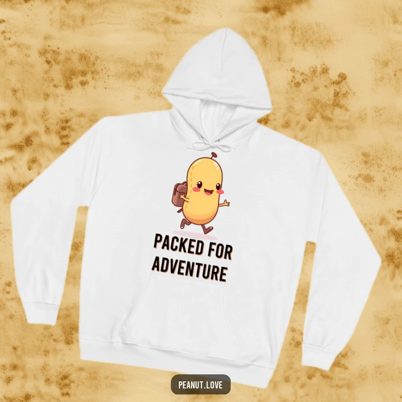 Funny anthropomorphic peanut character hoodie showing a happy peanut skipping with a backpack, perfect for cozy travels.