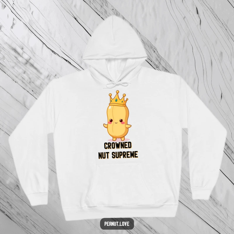 Funny Peanut King Hoodie: A regal peanut with a tiny crown, proudly looking at a perfect peanut, offering cozy, funny, and majestic warmth.