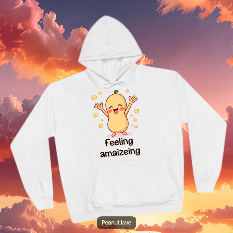 Funny Giggling Peanut Hoodie: A happy peanut giggling with arms up, surrounded by popcorn. Cozy and funny gift.