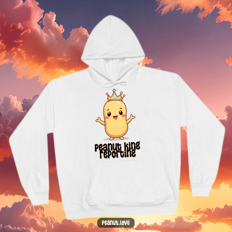 Funny Happy Peanut Crown Hoodie: A smiling peanut offers a tiny sparkling crown. Cozy regal humor, funny gift.