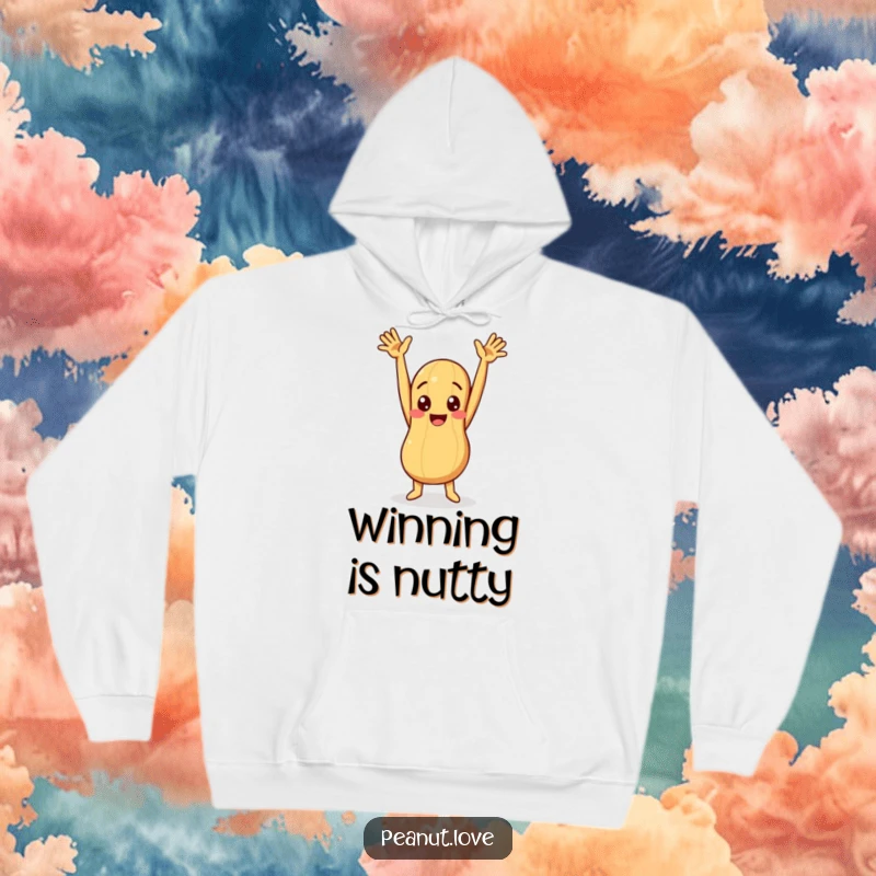 Funny hoodie featuring a peanut character in a funny, arms-up celebratory pose, radiating joy and comfort.