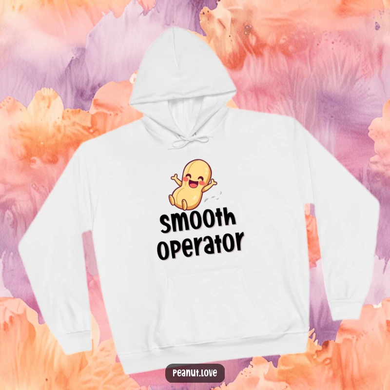 Funny hoodie showing a gleeful anthropomorphic peanut character smoothly sliding down a slick surface with an expression of pure joy.