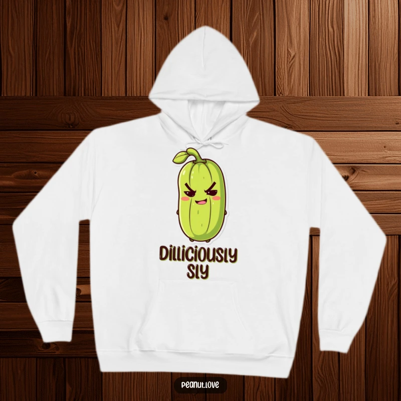 Funny anthropomorphic pickle with a mischievous grin slyly winking on a humorous hoodie, ideal for comfort.