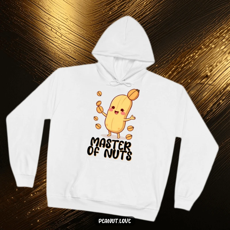Funny playful peanut character hoodie, depicting skillful juggling of smaller nuts with immense delight.