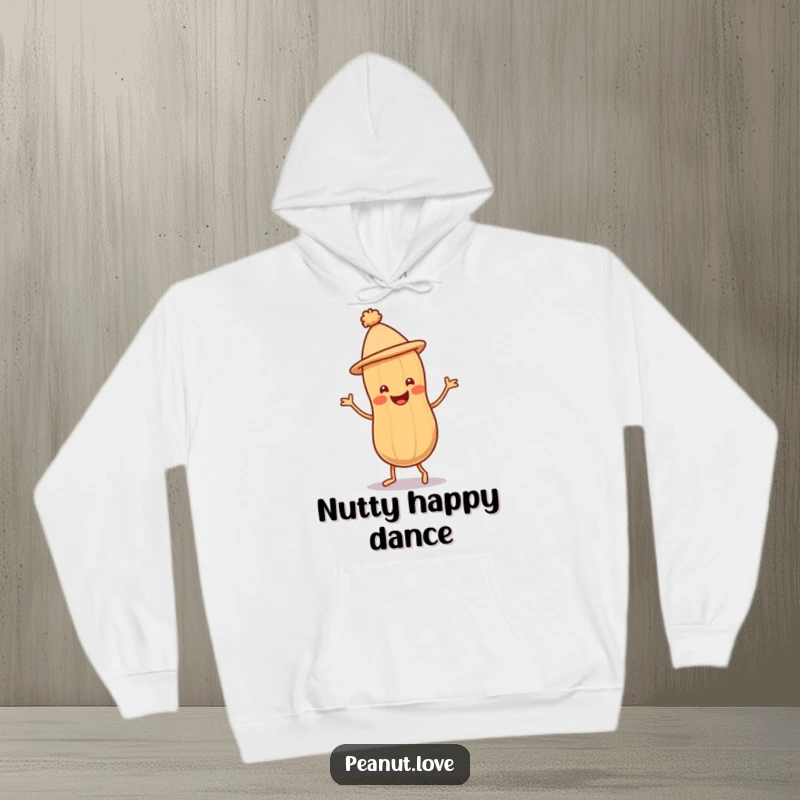 Funny Peanut Jig Hoodie showcasing a smiling peanut character with a tiny hat doing a joyful jig, perfect for staying cozy.
