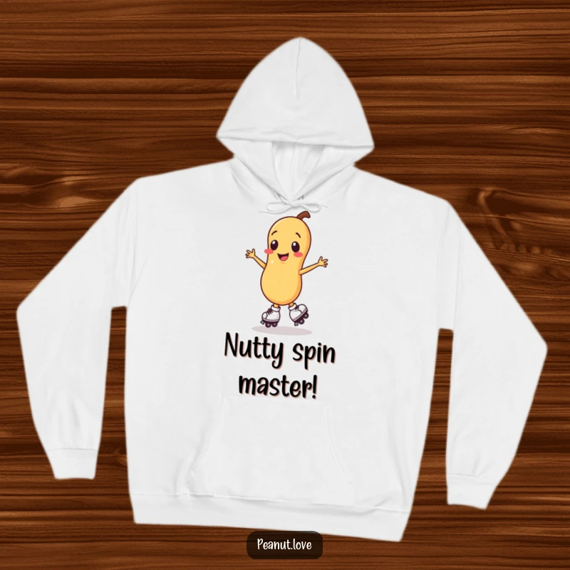Funny smiling peanut character hoodie, happily spinning on miniature roller skates.