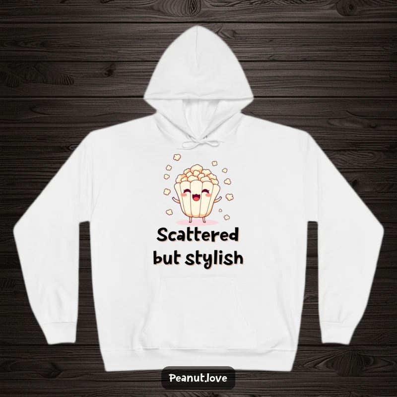 Funny hoodie with a surprised popcorn kernel character mid-pop, scattering kernels.