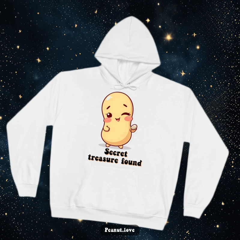 Funny Secret Keeper Hoodie: A winking peanut holding a shiny pebble, offering cozy, funny, and mysterious warmth.