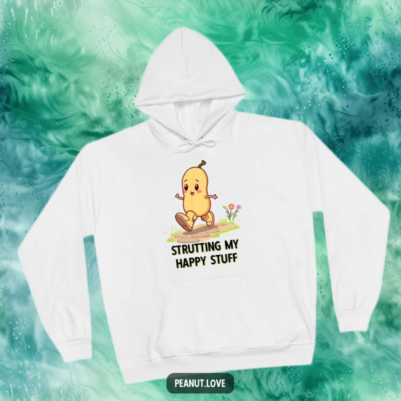 Funny hoodie designed with a happy peanut character skipping with enthusiasm in oversized boots, offering warmth and a dose of lighthearted fun.