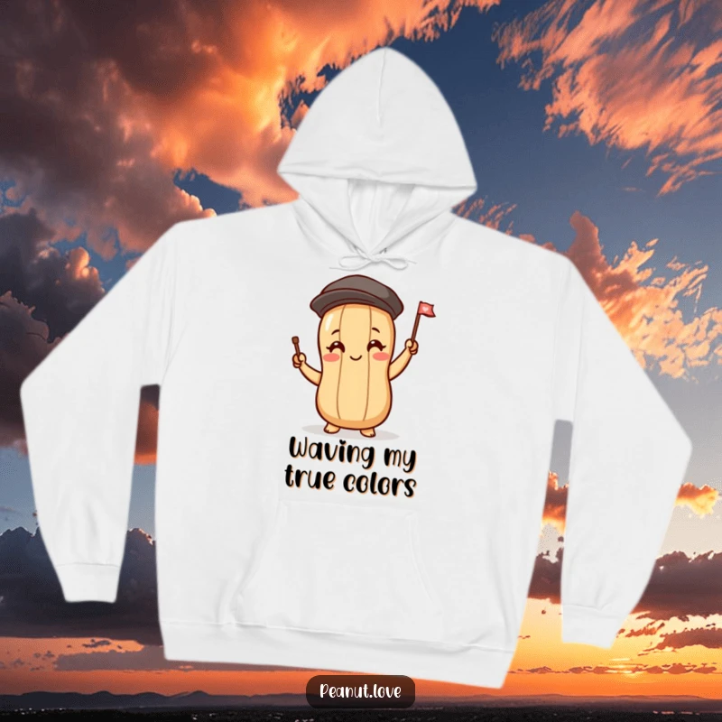 Funny hoodie with a peanut character blushing and waving a tiny flag, a cute and cozy design for cheerful souls.