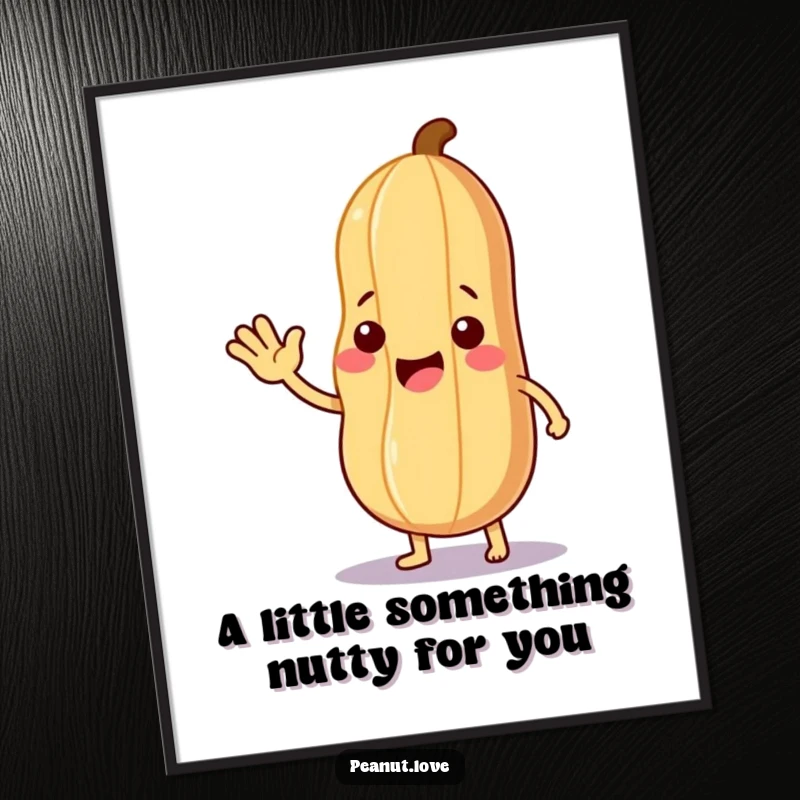 Funny Free Printable Wall Art: A peanut character waves with a friendly gesture, offering a tiny, edible leaf, evoking nature and kindness.