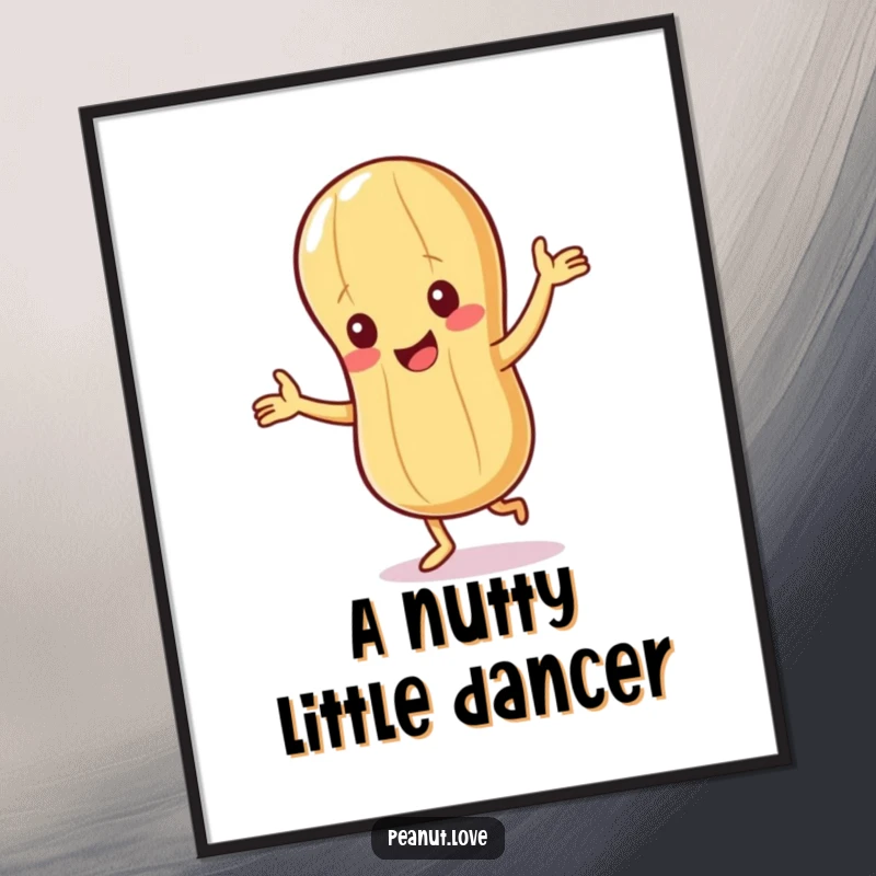 Funny Free Printable Wall Art of a giggling peanut character caught mid-happy dance with its small nutty arms.