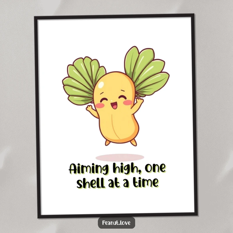 Funny Free Printable Wall Art: Determined peanut character flying with fan leaves, whimsical decor, downloadable art, print at home.