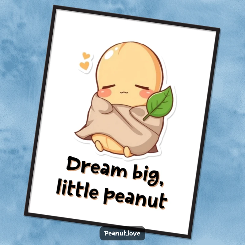 Funny Free Printable Wall Art featuring a sleepy peanut character comically using a tiny leaf as a blanket for a peaceful nap.
