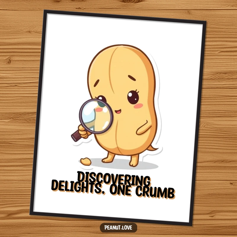 Funny Free Printable Wall Art: Peanut wearing a magnifying glass, intently examining a very small crumb.