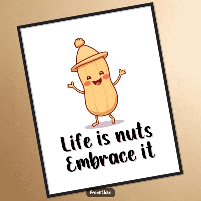 Funny Free Printable Wall Art: A smiling peanut character wearing a tiny hat enthusiastically does a jig.