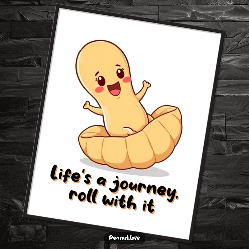 Funny Free Printable Wall Art: A determined peanut joyfully rolls downhill inside a giant shell, bringing quirky humor.